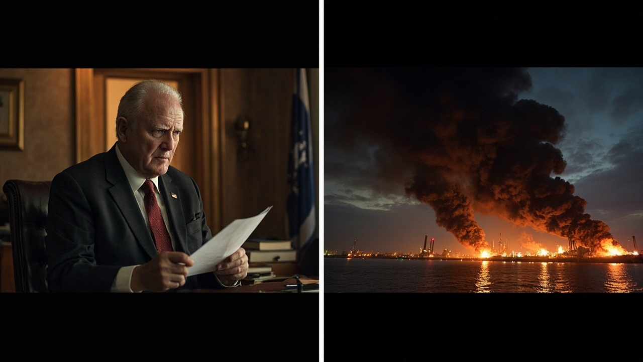 Split scene — on the left, a diplomat holds papers in a formal meeting room; on the right, smoke rises from an industrial complex on the Persian Gulf coast, reflected in dark water below