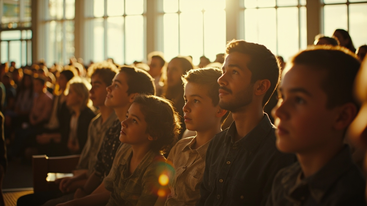 Young people seated in a modern church during Easter Sunday service, diverse crowd, natural light through tall windows