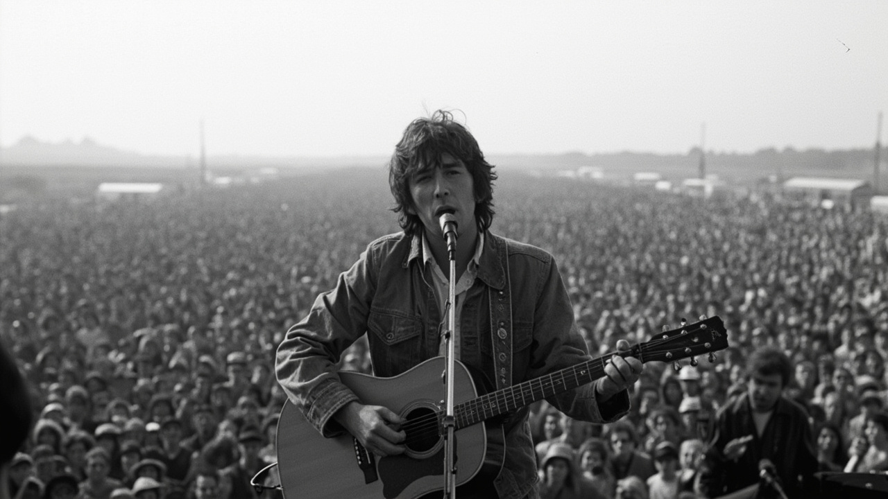 Black and white archival photo of Country Joe McDonald performing at Woodstock 1969, acoustic guitar, massive crowd behind him
