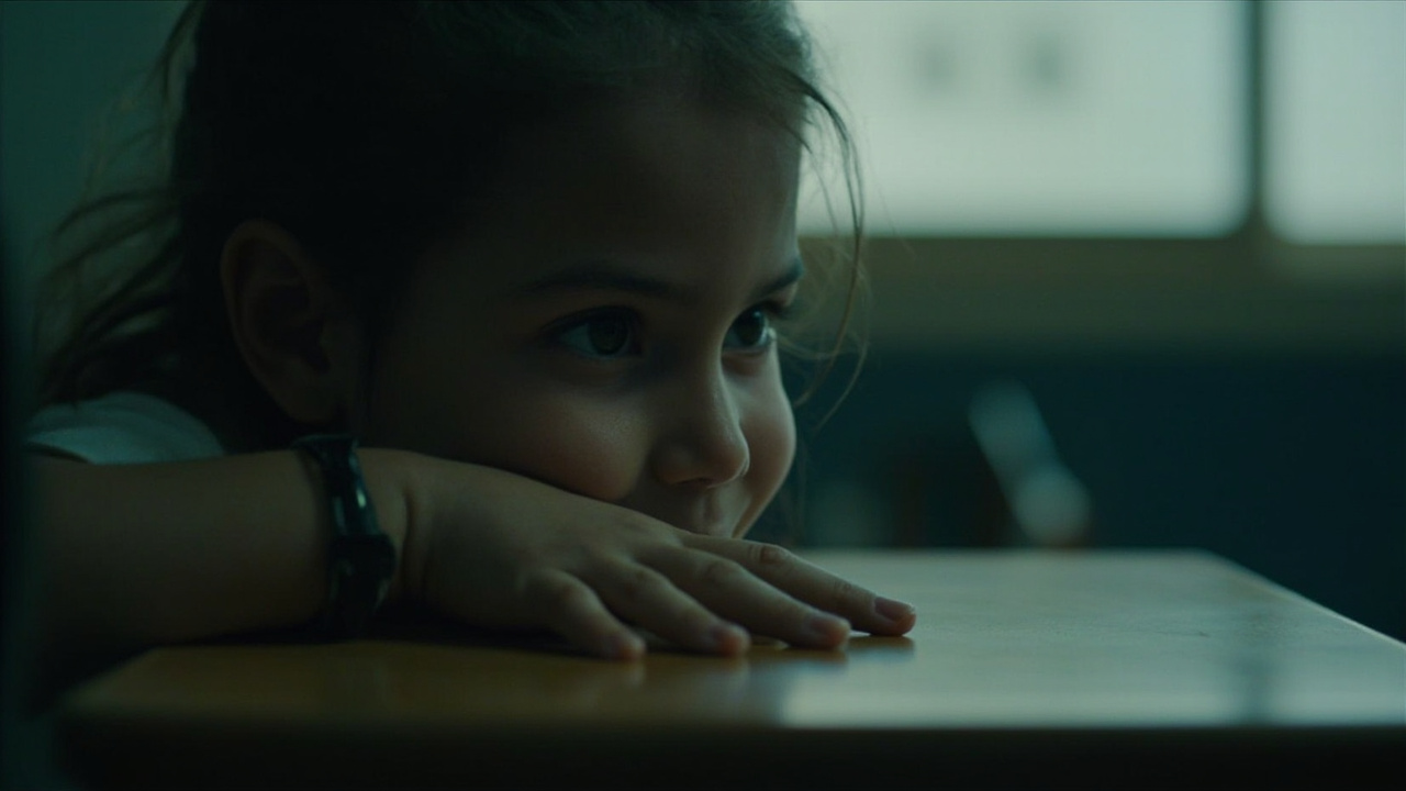 Child's hand on a school desk, face blurred in background, cool institutional light