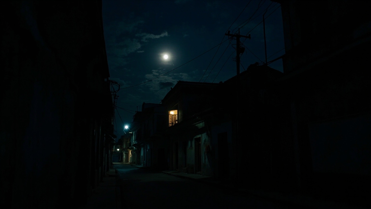 Havana neighborhood in darkness during a nationwide blackout, single candlelit window visible