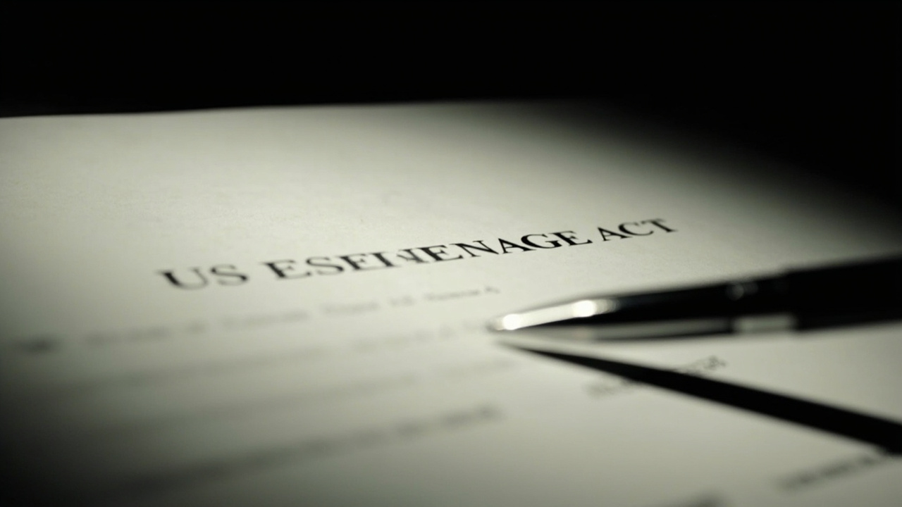 Close-up of a printed page of the Espionage Act legal text with a pen resting on top, dramatic side lighting