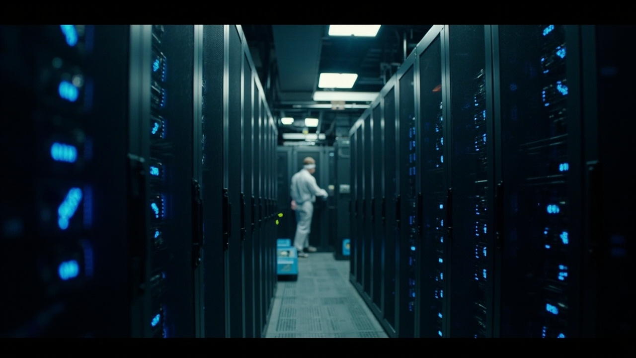 Huawei data center server racks with blue LED lighting, technicians in cleanroom gear working in background, Ascend chip labels visible on equipment