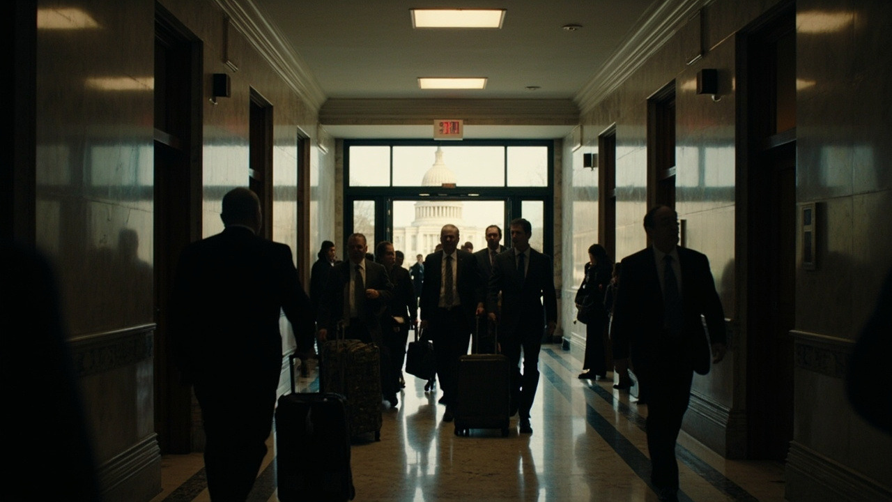 Members of Congress walking back into the Capitol building through a marble corridor, rolling luggage visible, Capitol dome framed in background through tall windows, fluorescent-lit hallway, Monday morning light