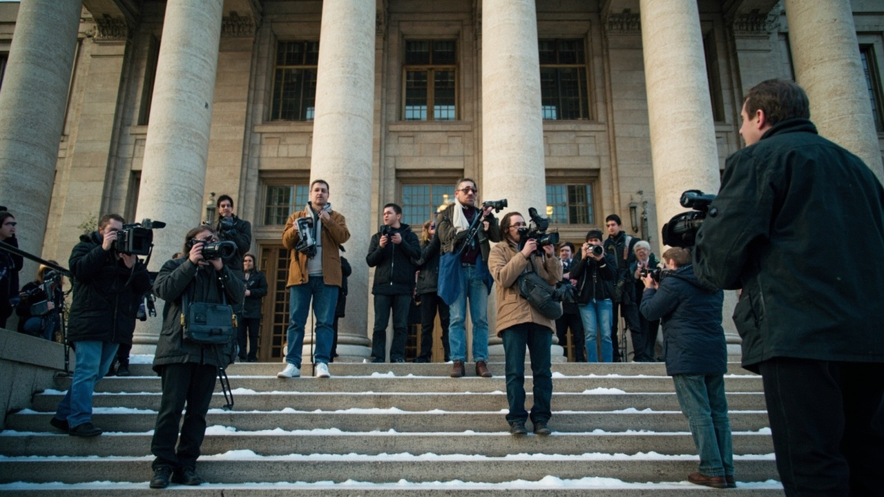 Federal courthouse exterior in Saint Paul Minnesota, winter light, news cameras on steps