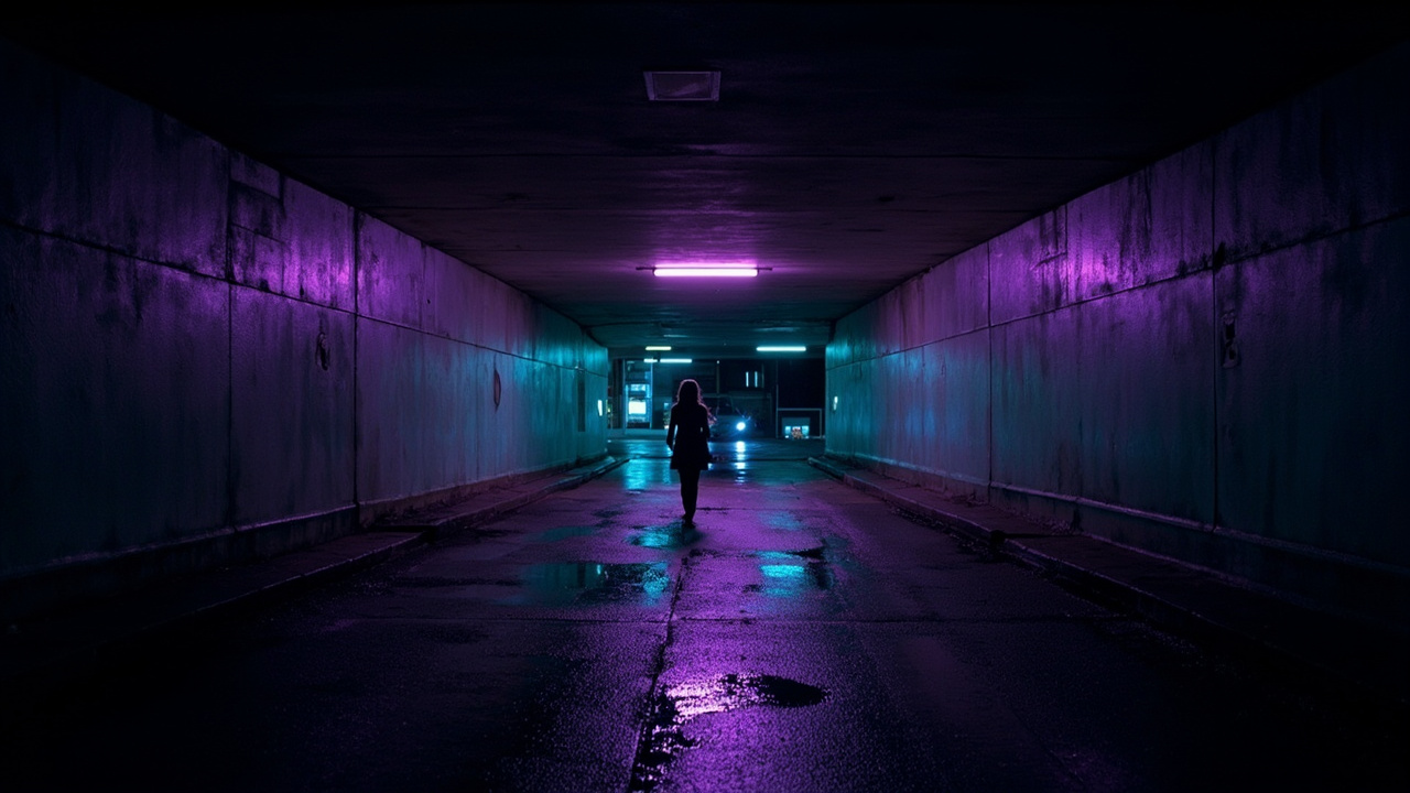 Neon-lit urban underpass at night, purple and teal reflections on wet pavement, silhouette of a young woman walking alone