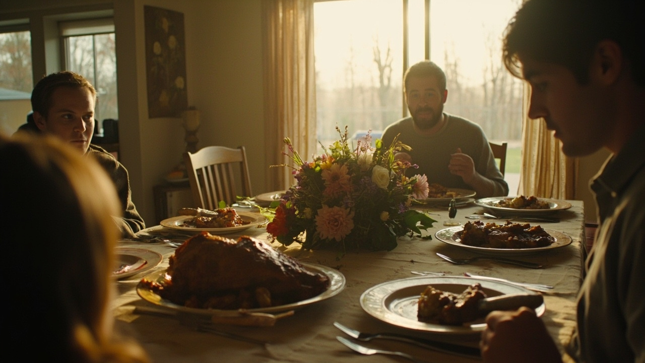 Easter table set for a family meal, ham and side dishes visible, some chairs empty, natural light from a window