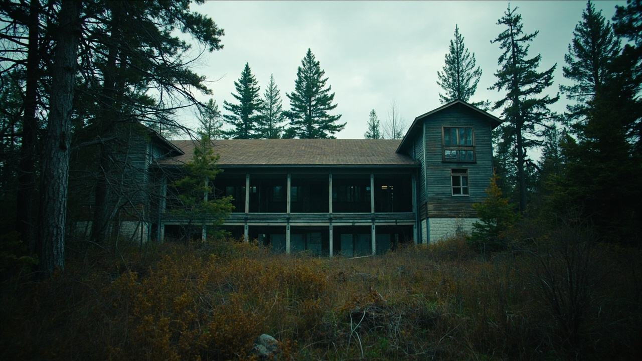 Empty forest research station building surrounded by tall pines and underbrush, overcast sky