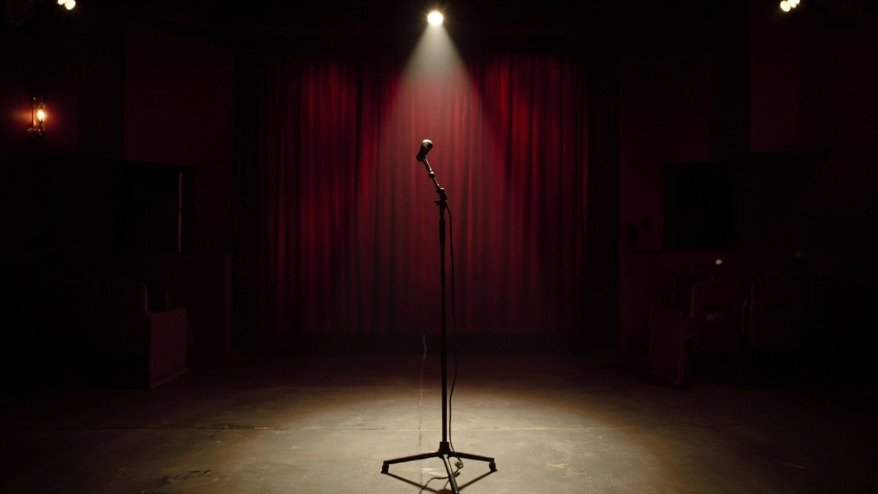 Empty comedy club stage with a single spotlight on a microphone stand, velvet curtain in background