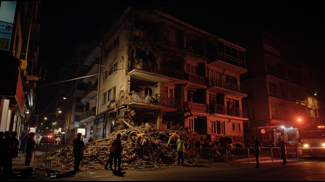 A multi-storey residential building in Haifa with a collapsed corner section, rescue workers in orange vests working in the rubble at street level, emergency vehicle lights in the foreground