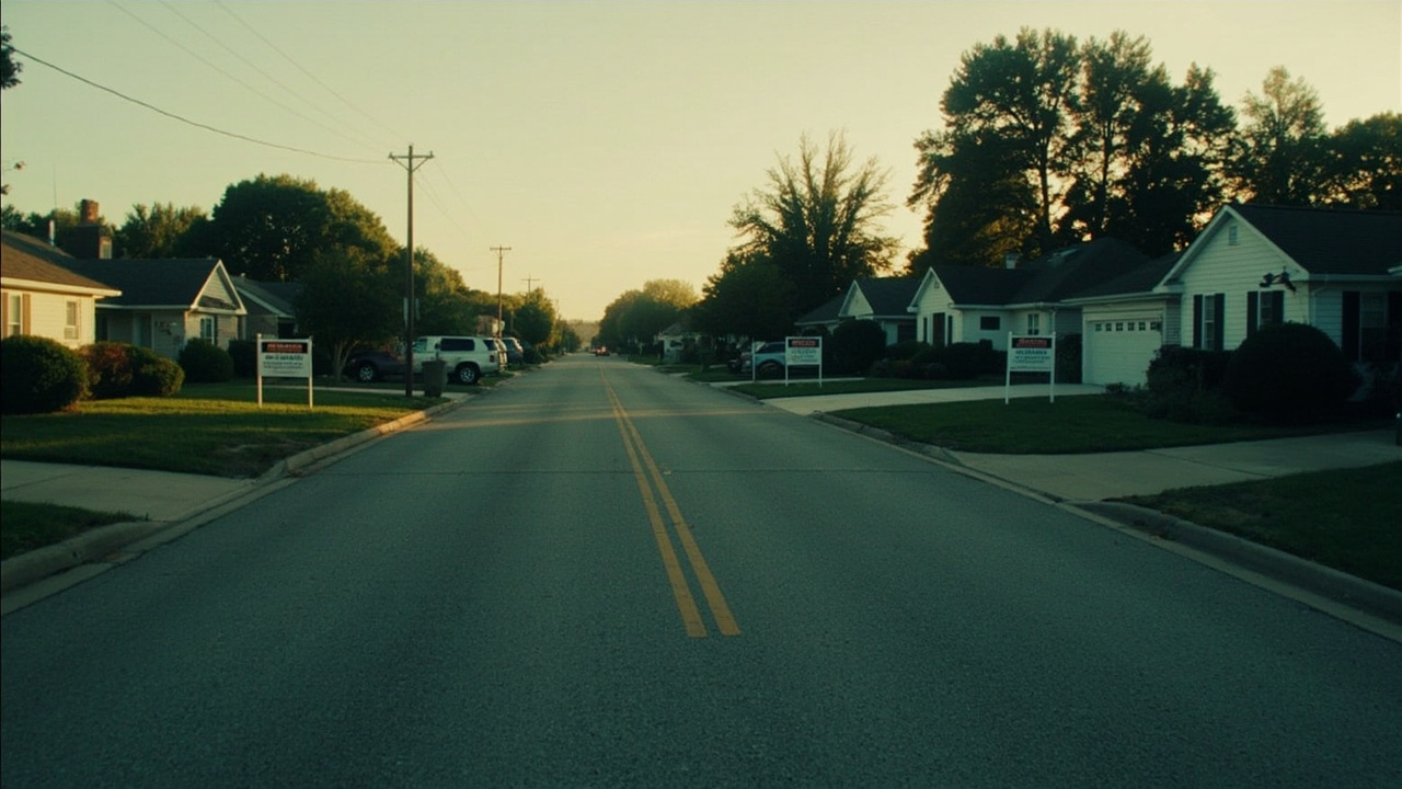 A row of suburban homes with For Sale signs in front yards, lawns slightly overgrown — inventory sitting, buyers absent