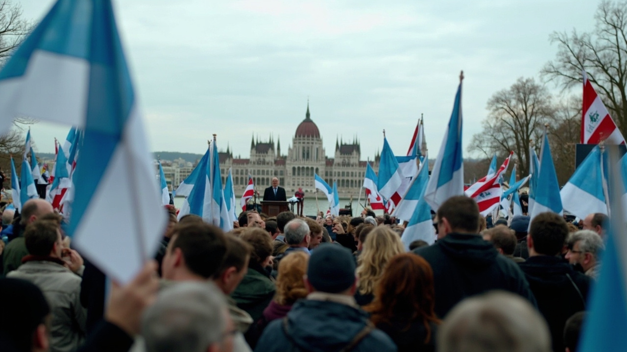 Peter Magyar speaking at a large outdoor rally in Budapest, crowds stretching into the distance, blue and white Tisza flags, classical Hungarian parliament building visible across the Danube, overcast spring sky