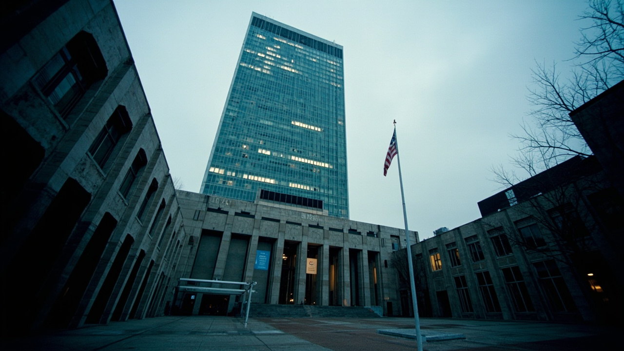 United Nations headquarters building in New York, glass facade reflecting gray sky, UN flag flying, empty plaza in foreground, severe institutional architecture