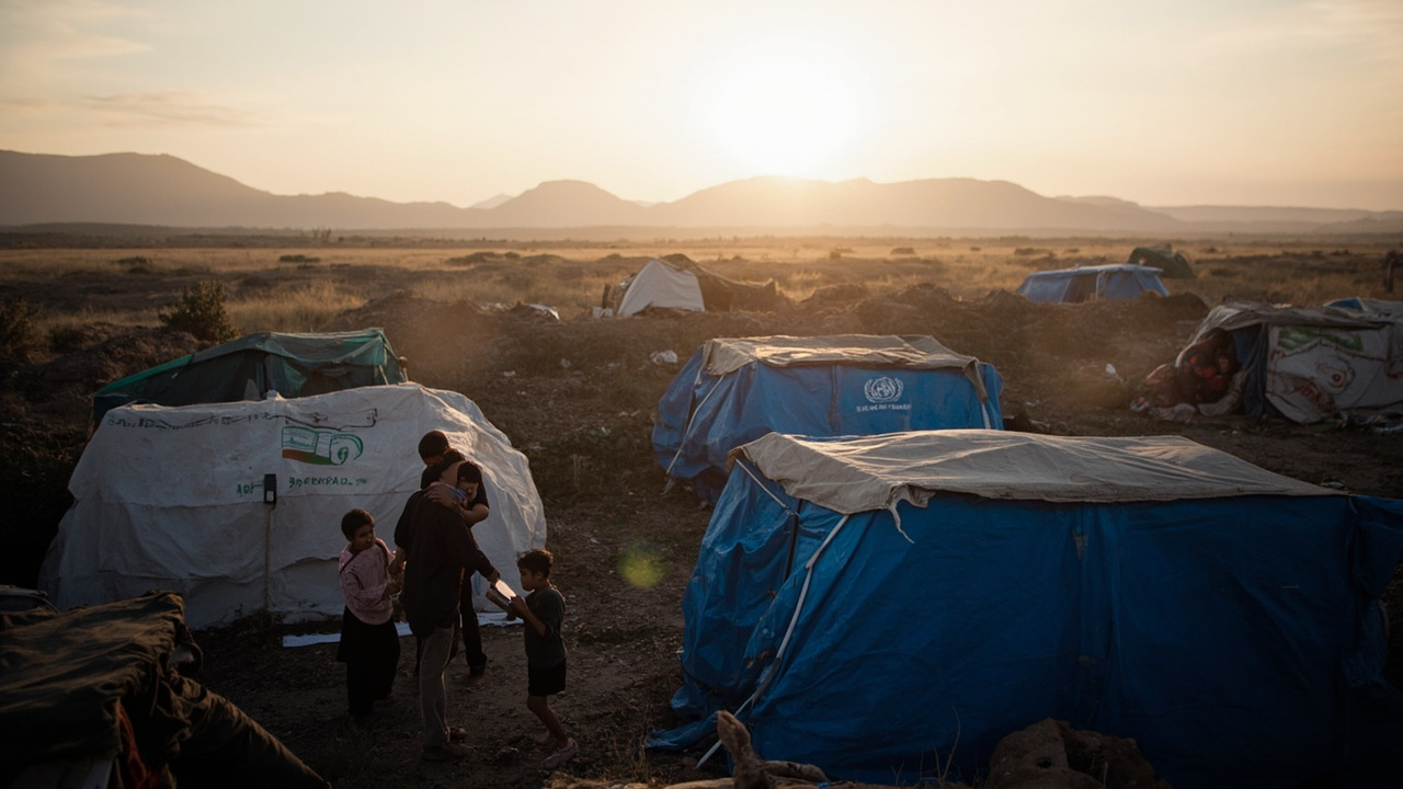 Makeshift tent camp near the Iran-Turkey border at dusk, with mountains in the background