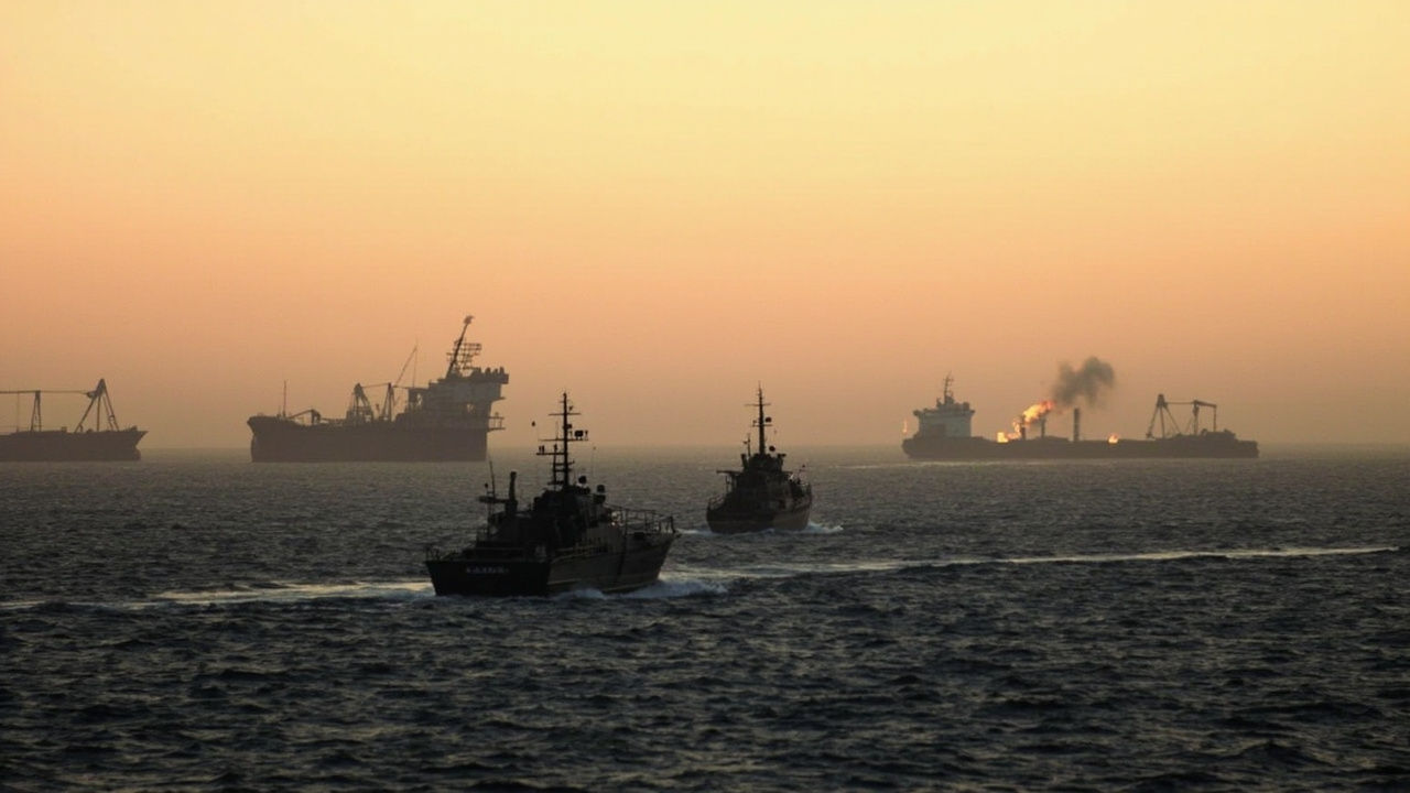 Iranian naval vessels in the Strait of Hormuz at dawn, with smoke visible on the horizon