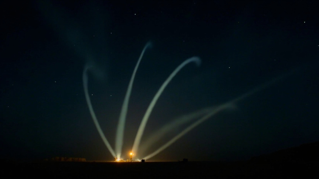 Night sky over a desert landscape lit by multiple missile contrails rising in parallel arcs, launch platforms visible on the ground below, stars visible above the smoke trails