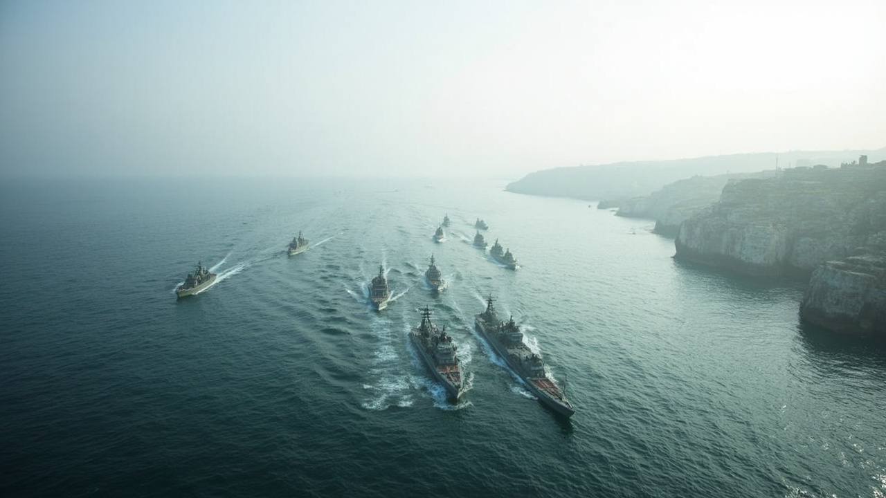 IRGC naval patrol boats in formation on the Strait of Hormuz, the narrow blue water visible between rocky Iranian and Omani coastlines, a hazy morning sky above