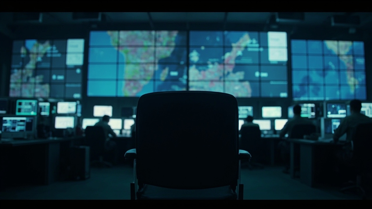 A darkened operations room with screens showing military maps, an empty commander's chair in the foreground, uniformed personnel visible in the background