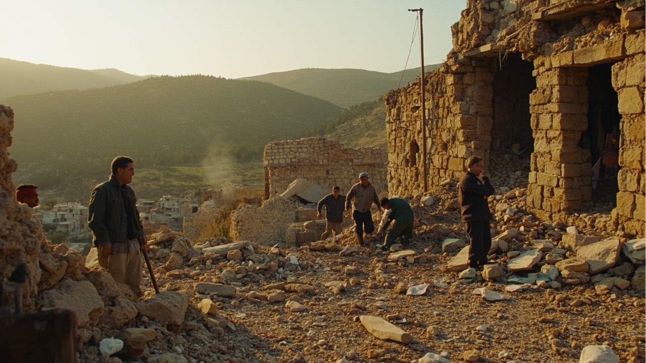 Rescue workers in south Lebanon carrying debris away from a destroyed stone house in a village, mountains visible in the background, a child's shoe visible in the rubble in the foreground