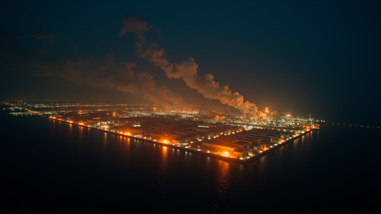 Aerial view of sprawling petrochemical complex on the Persian Gulf coast at night, with thick black smoke columns rising against an orange sky, flames visible below
