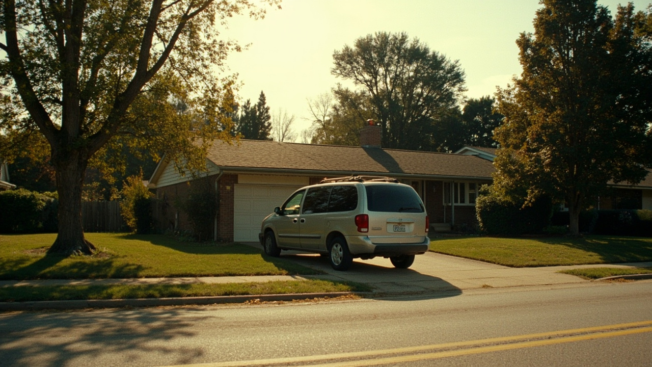 Suburban street in afternoon light, older-model family minivan in a driveway, overgrown lawn