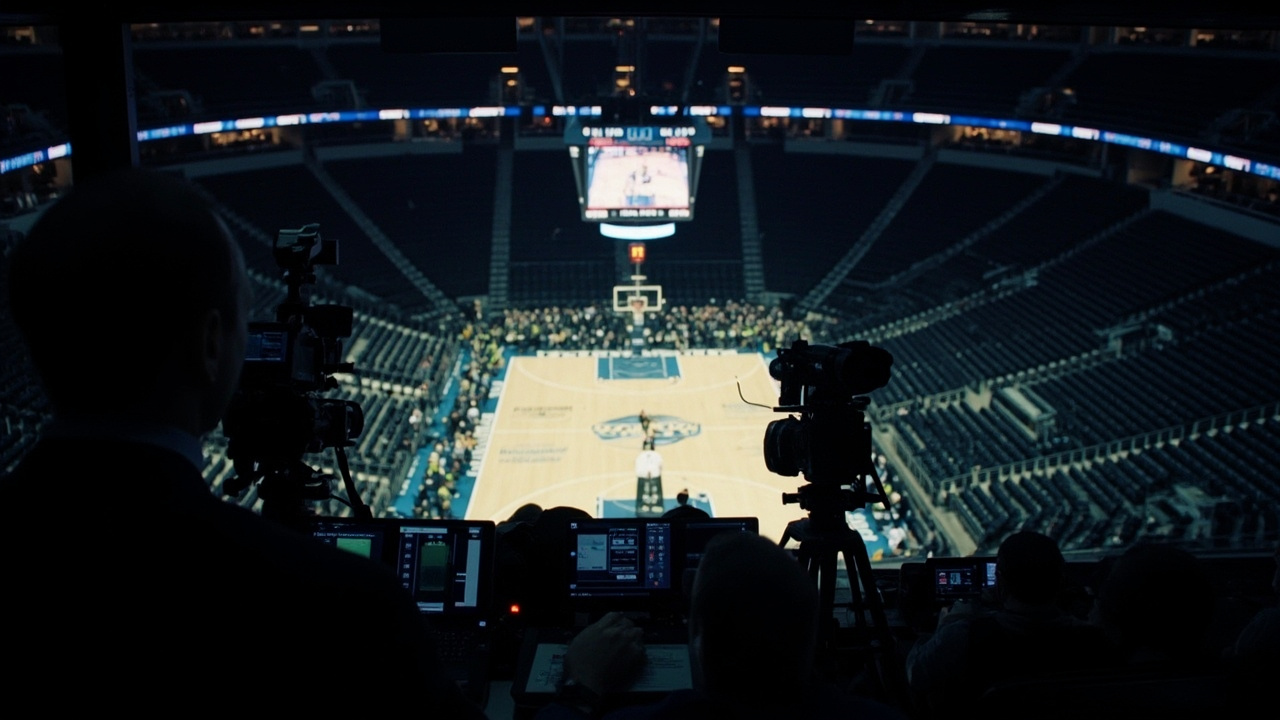 Empty arena broadcast booth at a March Madness championship venue, cameras and broadcasting equipment visible, court illuminated below