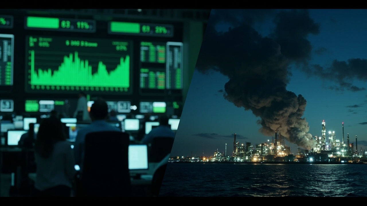 A trading floor with screens showing green futures numbers and a split inset of black smoke rising from an oil facility — contradiction captured in one frame