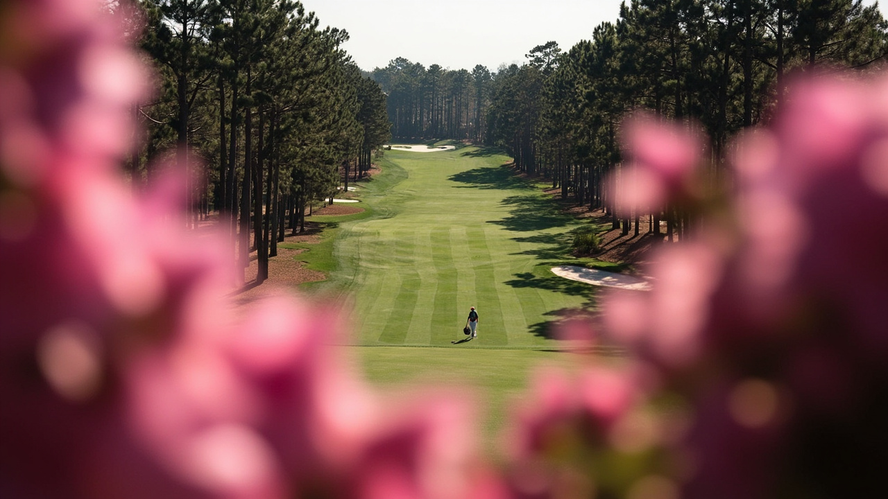 Augusta National fairway lined with blooming azaleas, players and caddies walking toward the green in morning light