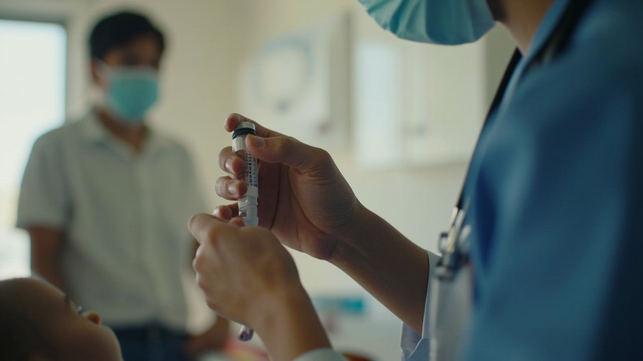 Nurse preparing a vaccine dose in a pediatric clinic, blurred child in background, clinical setting