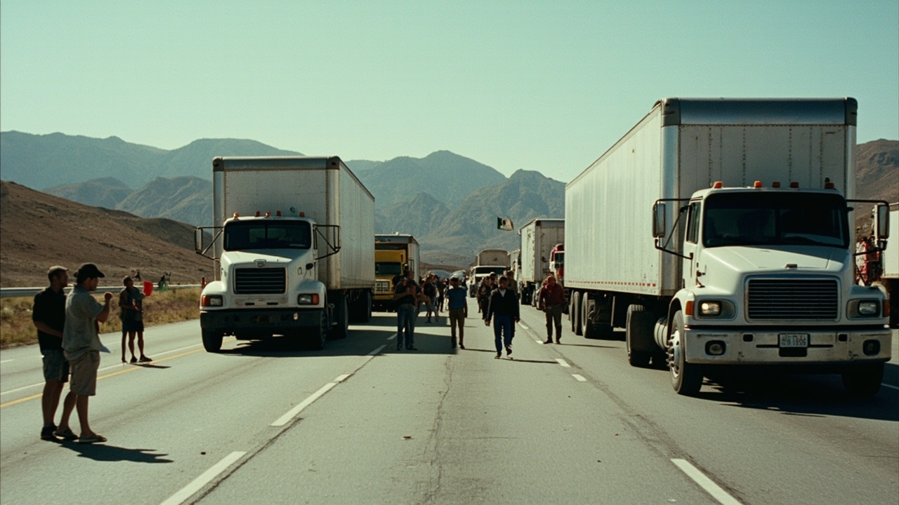 Mexican truckers blocking a federal highway with their vehicles, protesters standing between trucks