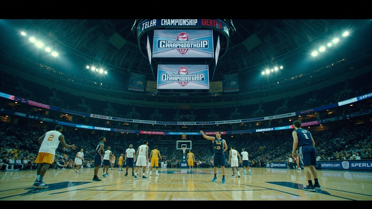 Split image of Michigan Wolverines and UConn Huskies players warming up at Lucas Oil Stadium, championship banner overhead