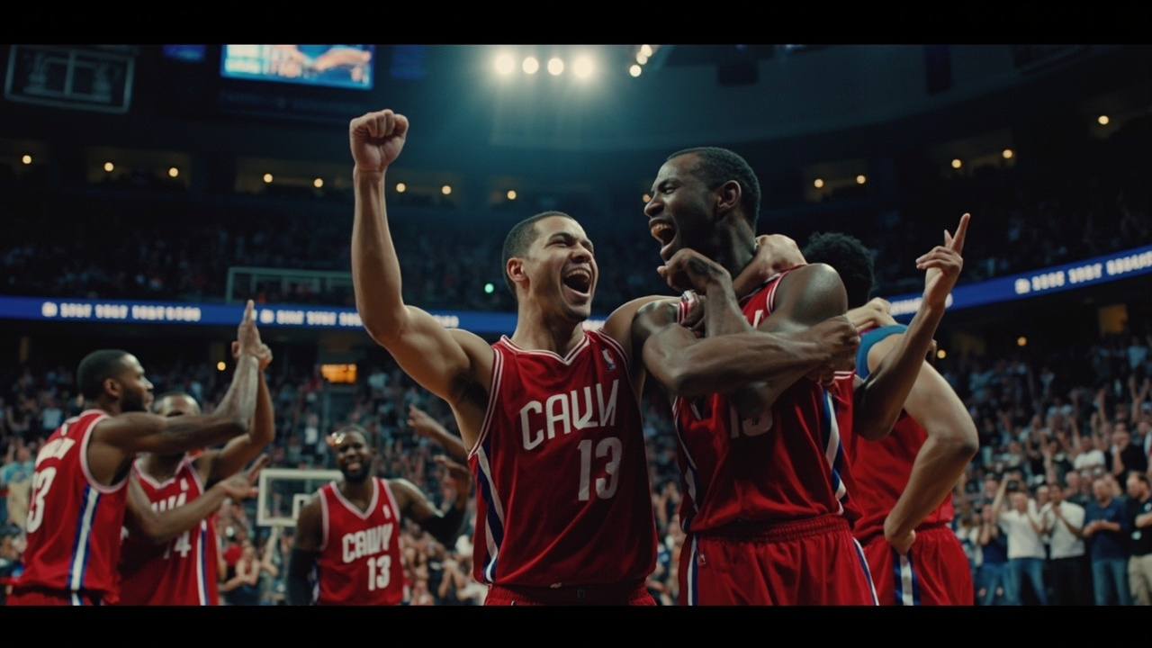 Detroit Pistons players celebrating on the court after clinching the Eastern Conference's top seed, arena crowd in background