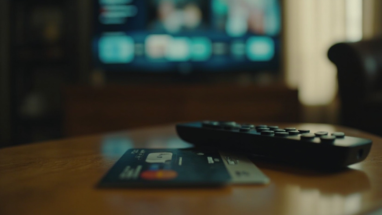 Credit card next to a television remote on a coffee table, streaming interface on screen in background