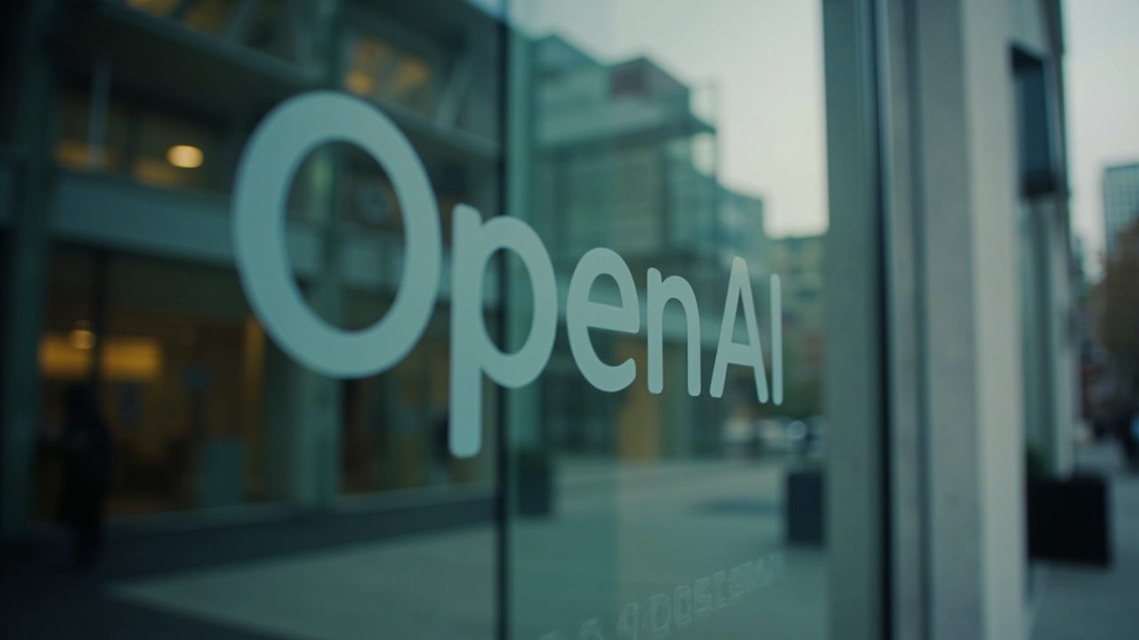 The OpenAI logo on a glass building entrance, slightly blurred in the foreground — the company's leadership inside in flux, the brand intact outside