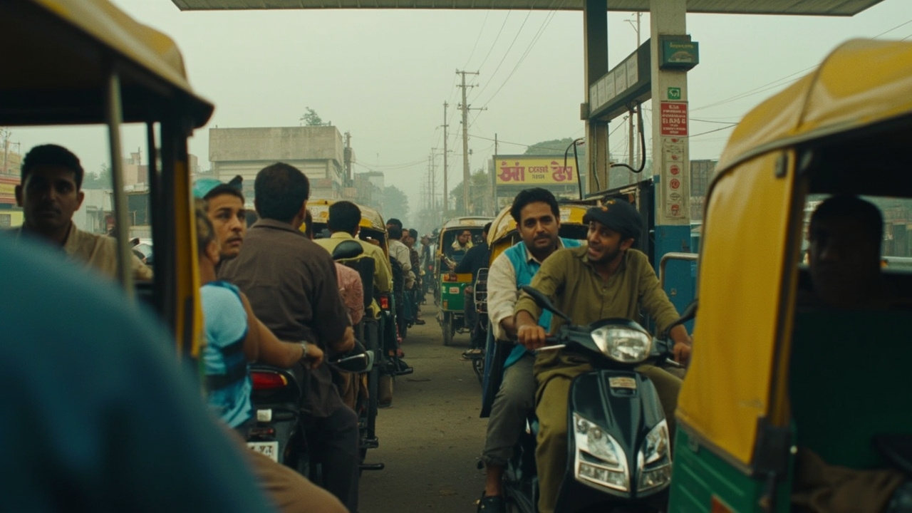 Long queue of motorcycles and cars at a petrol station in Lahore