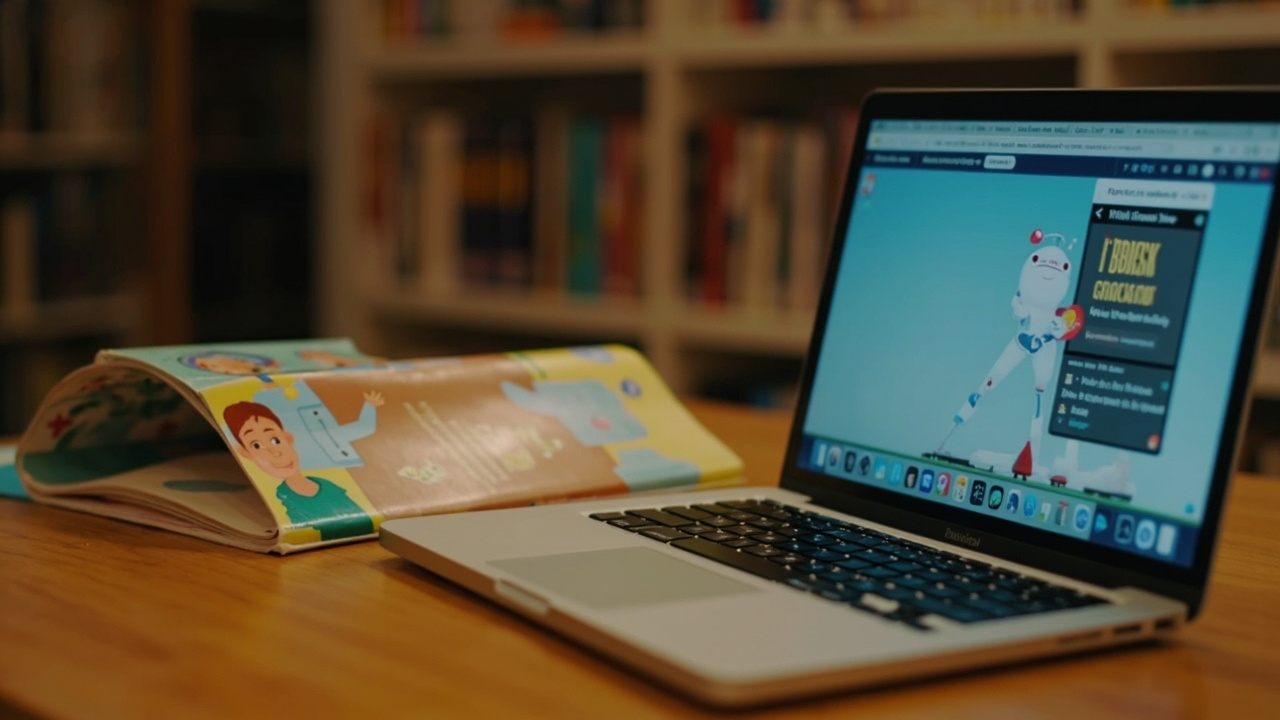 A children's book open on a table next to a laptop screen showing an AI chatbot interface, warm library light
