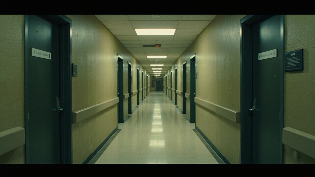 Empty hallway inside the Pentagon with closed doors, fluorescent lighting, institutional architecture