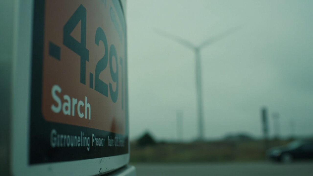 Gas station price sign showing $4.29 per gallon with a wind turbine visible in the background against a cloudy sky