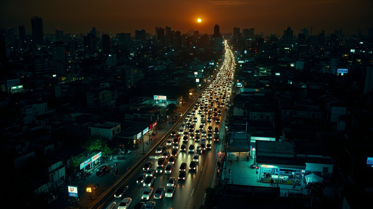 Aerial view of Manila at night, traffic gridlocked on a major highway, fuel station lights visible on the roadside, with a hazy orange sky above the cityscape