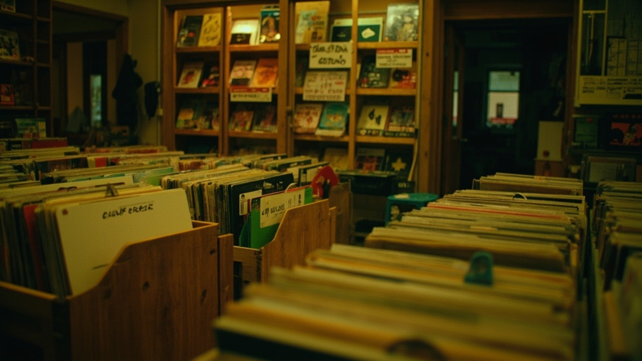 Rows of colorful vinyl records in crates at an independent record store, warm shop lighting, a handwritten War Child charity sign visible on the wall