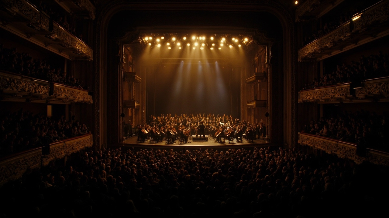Grand opera house interior in Salzburg at night, stage lit in deep gold and shadow for a Wagner production, orchestra pit visible, audience in formal dress