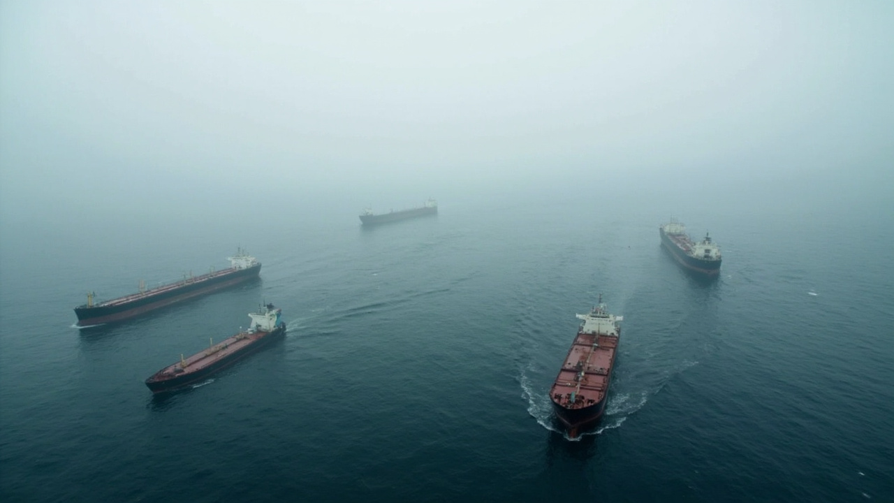 Aerial view of oil tankers anchored offshore in a gray sea, waiting, with no port activity visible