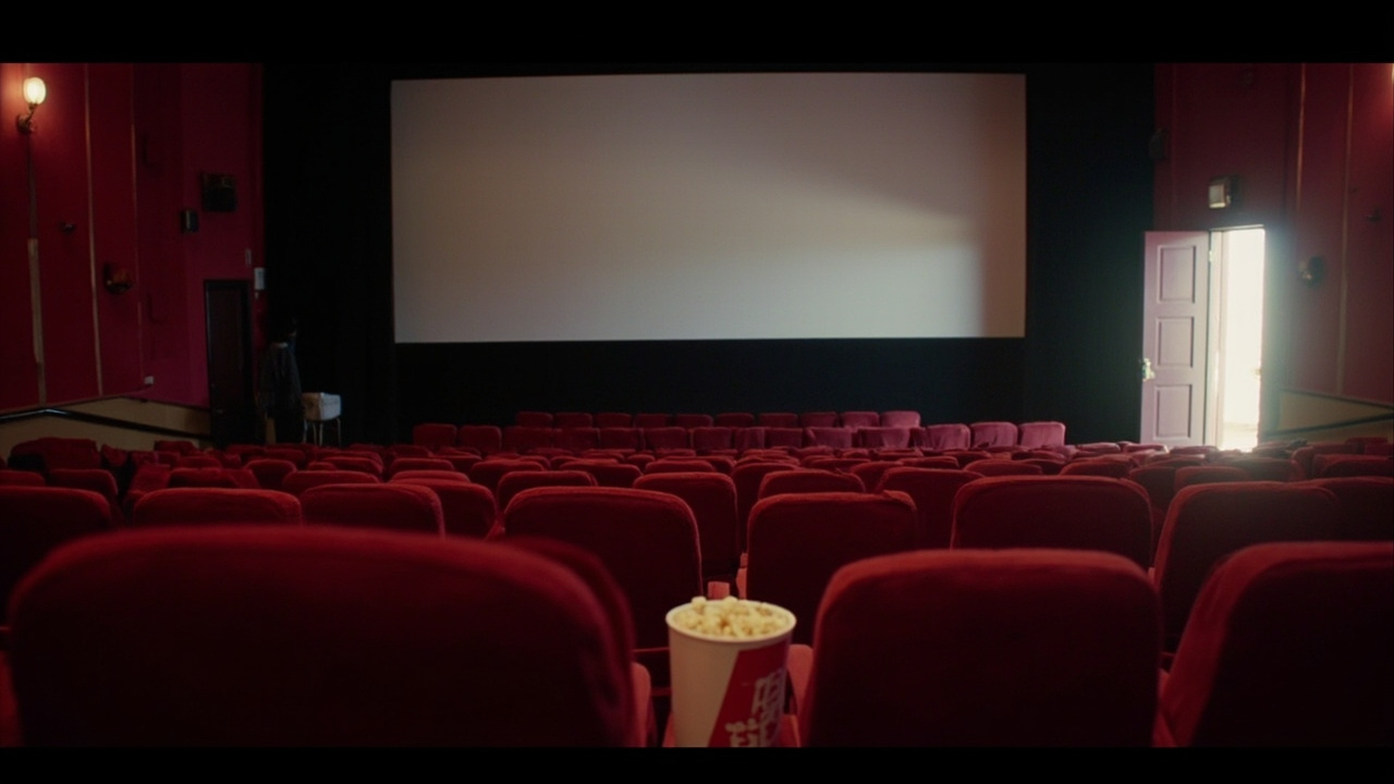 Empty movie theater with rows of seats facing a large blank screen, afternoon light