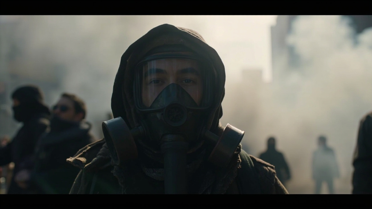 Demonstrator wearing a gas mask during a protest, thick smoke in the background, others visible through the haze