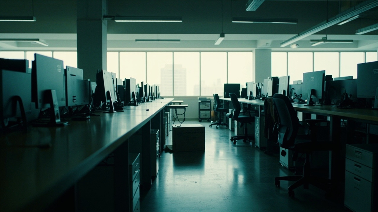 An empty open-plan tech office with abandoned standing desks, monitors dark, a single cardboard box left on a chair — the physical residue of a layoff wave