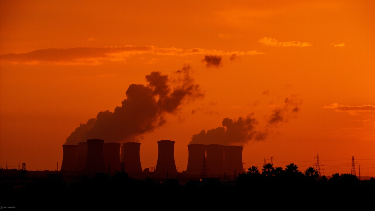 Iranian power plant at dusk with cooling towers against an amber sky, documentary photography style