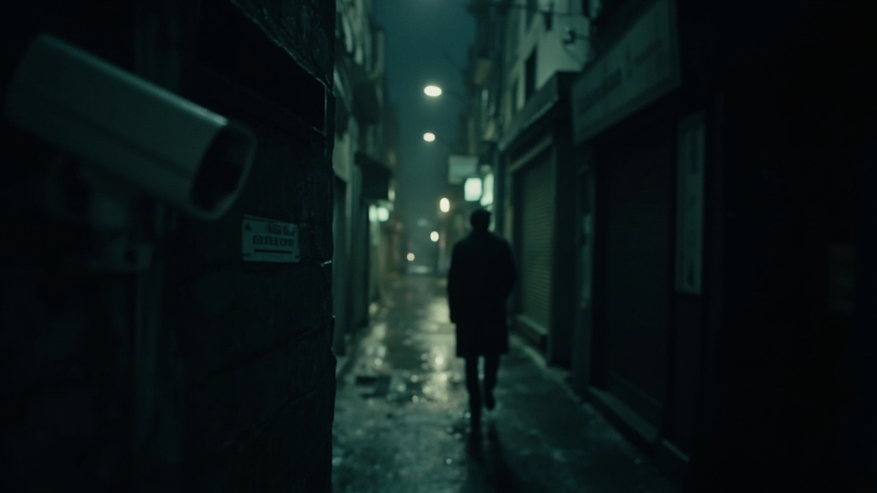 Dark urban street at night, rain-slicked pavement, a lone figure walking away from camera under a government surveillance camera