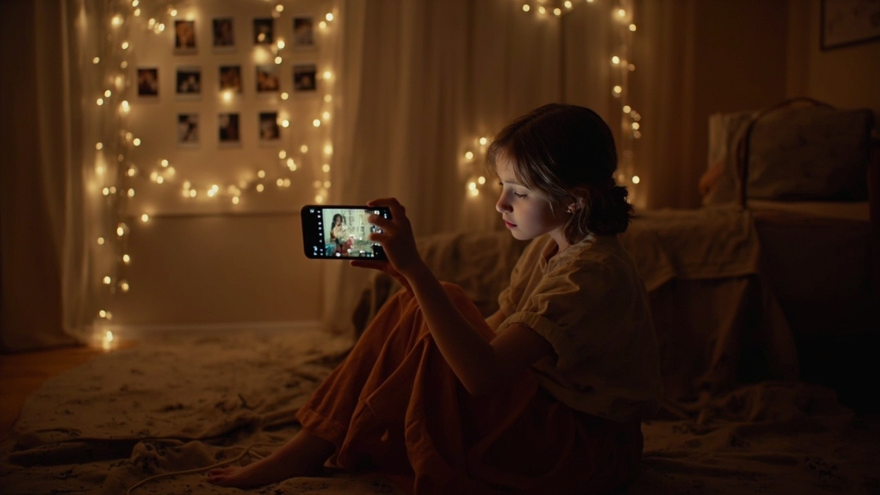 Young woman filming herself with a vintage filter on her phone, sitting on a bedroom floor surrounded by 2016-era aesthetics, polaroid photos, fairy lights