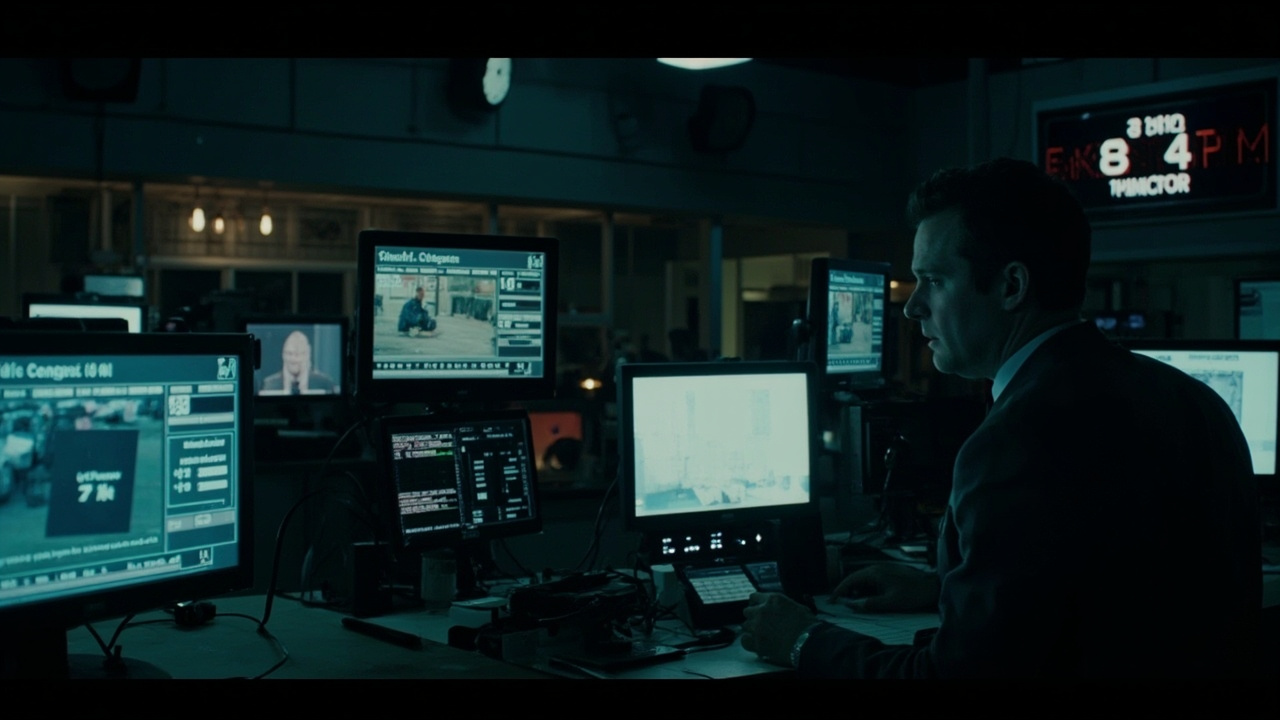 Clock showing approaching 8 PM, with a split screen showing Truth Social post text on a phone screen and aerial view of Iranian infrastructure, newsroom monitors in background