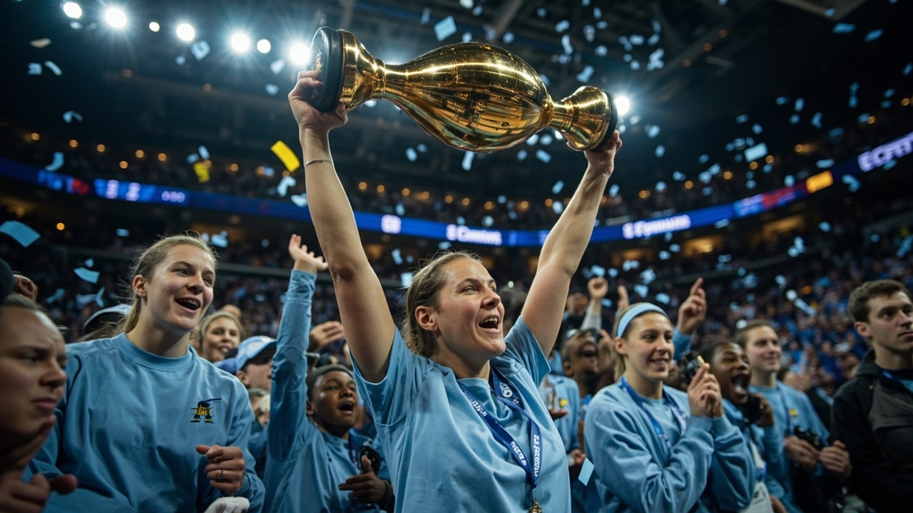 Cori Close lifting the national championship trophy on court in Phoenix, confetti falling, UCLA players celebrating around her